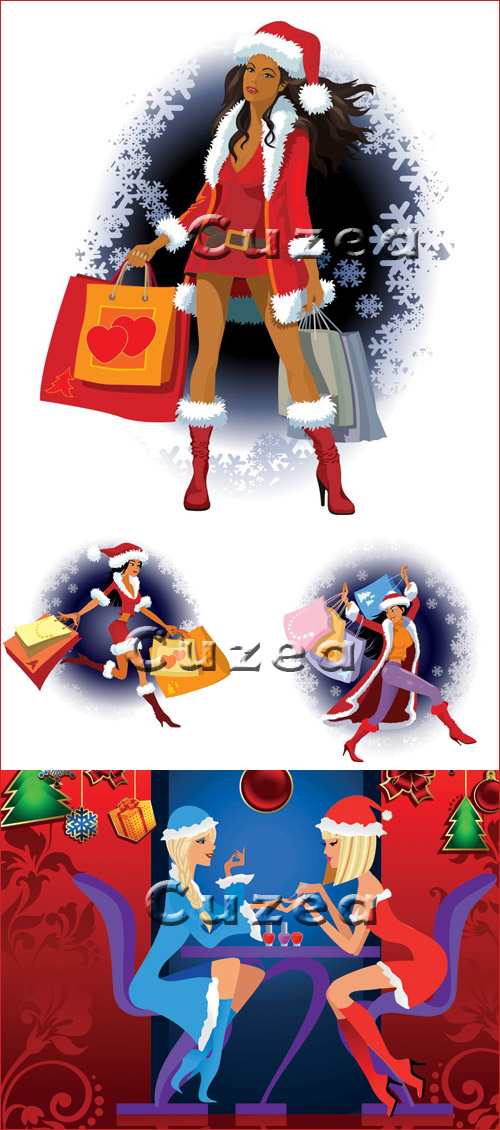      / Santa girl with  purchases in vector