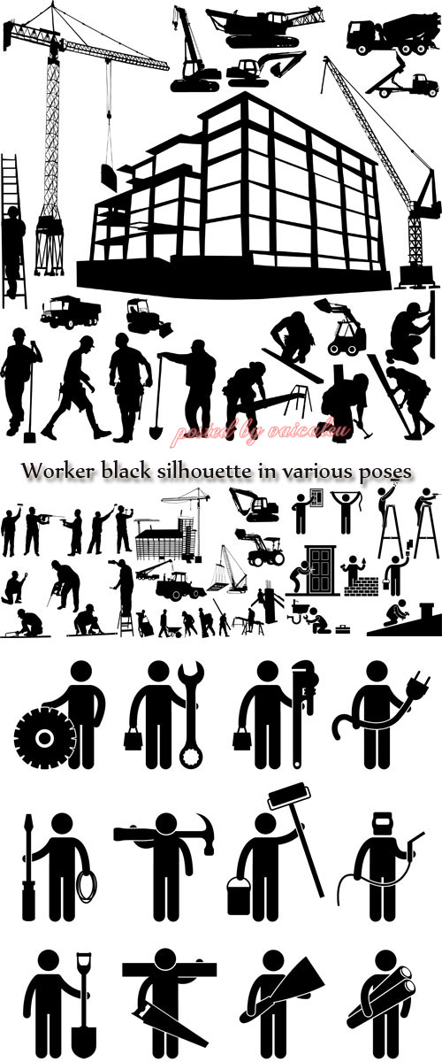 Worker black silhouette in various poses 3 