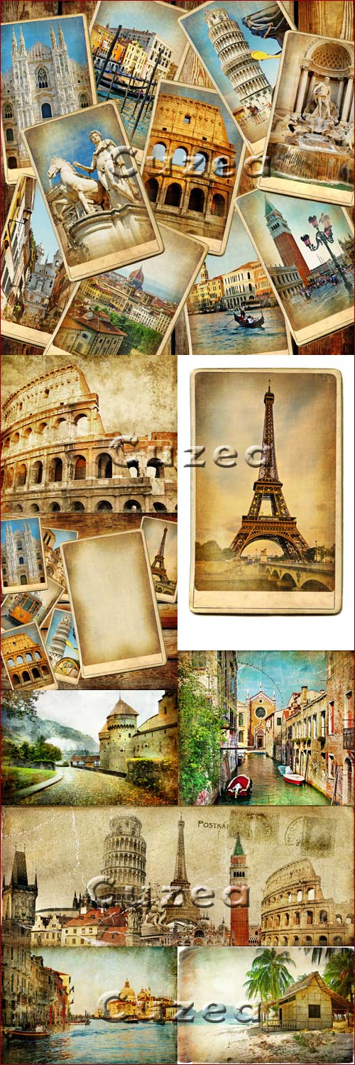Ancient cards of sights of the world  - Stock photo