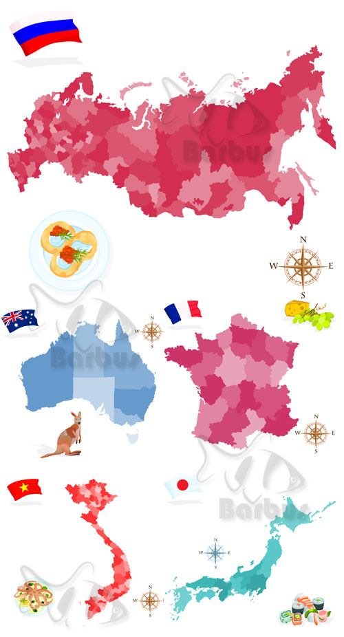 Map of the country with flag and national dish /       