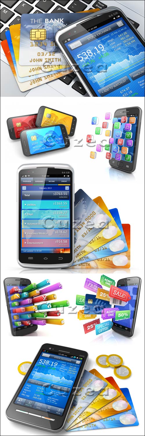 ,     / Smartphones, credit cards and social icons - Stock photo
