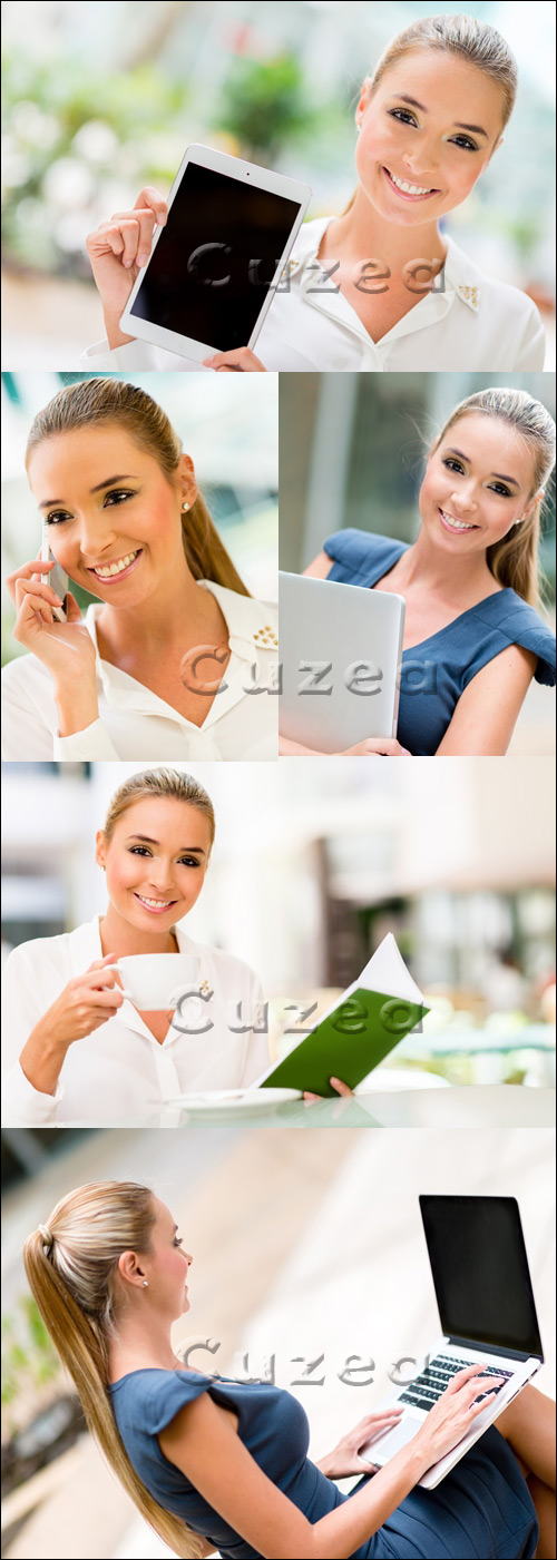    ,    / Business woman holding laptop, phone and  cup - stock photo