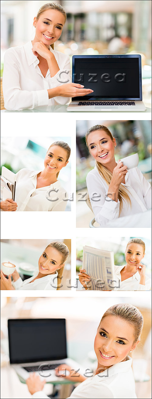    ,    / Business woman holding laptop, phone and  cup, part 2  - stock photo