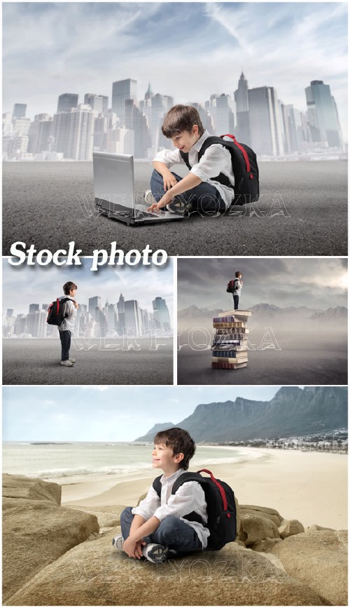    / Boy with a laptop and a backpack - Raster clipart