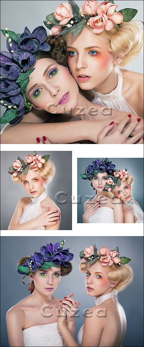   -    / Two pretty nymphs in wreaths - stock photo