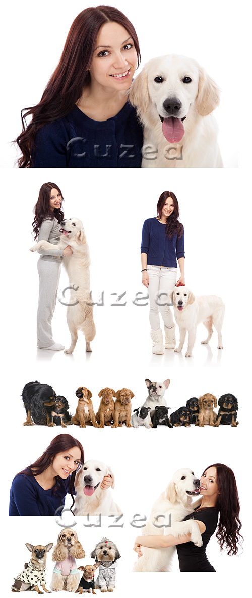       / Woman and dogs on white backgrounds - Stock photo