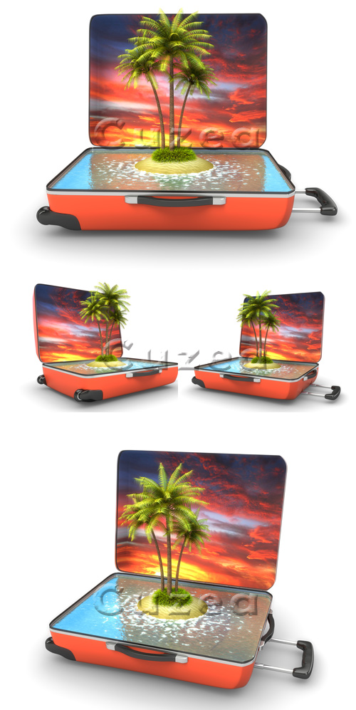      | Open suitcase with tropical island - stock photo