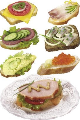 Подборка изображений бутербродов (с сыром, салом, колбасой, икрой, маслом, рыбой, луком и арахисовым маслом)