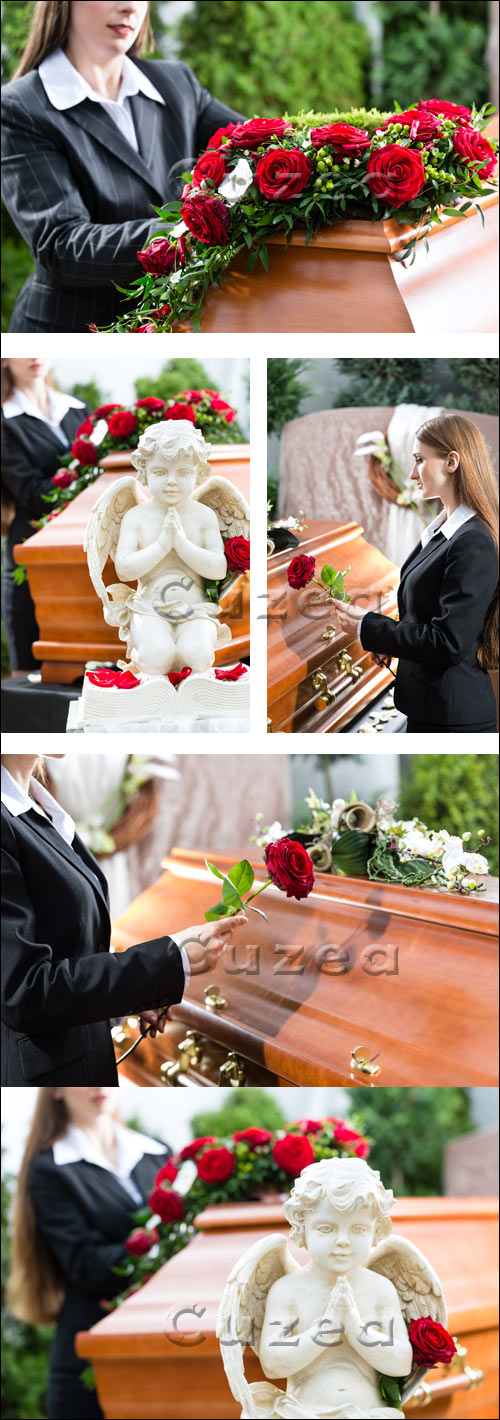        / Mourning Woman at Funeral with coffin and red roses - stock photo