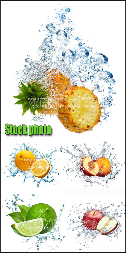   , , ,  / Fruits in water, pineapple, peach, apple - Raster clipart