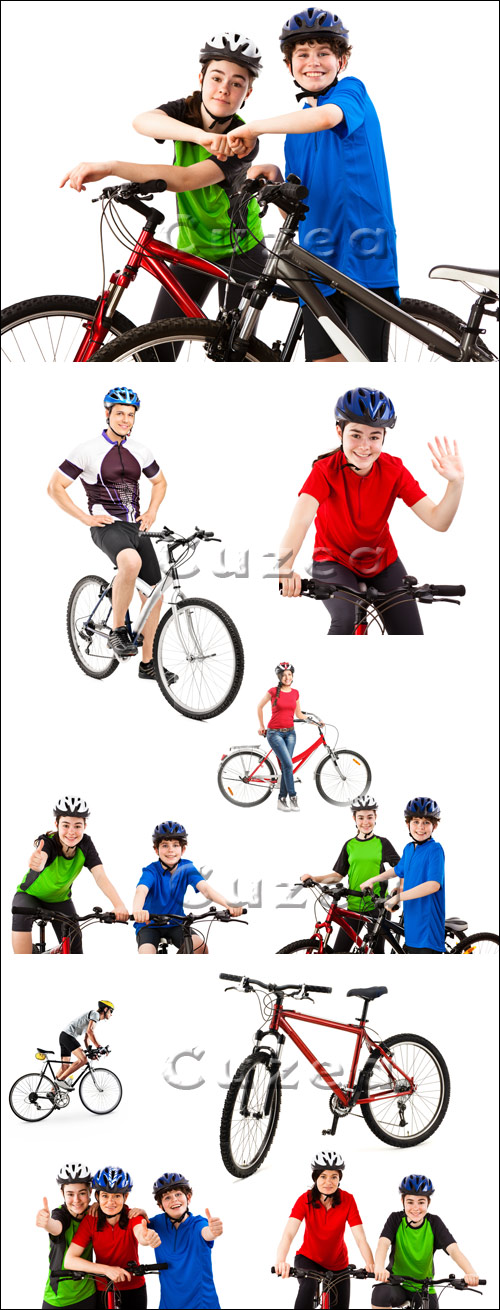      / Young cyclists on a white background - stock photo